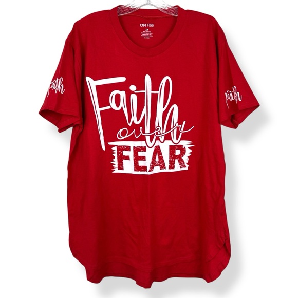 On Fire Graphic Tee Womens Size 3XL Short Sleeves Faith Over Fear Red NWT - Picture 1 of 6